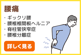 腰痛、ギックリ腰、腰椎椎間板ヘルニア、脊柱管狭窄症、腰椎分離症